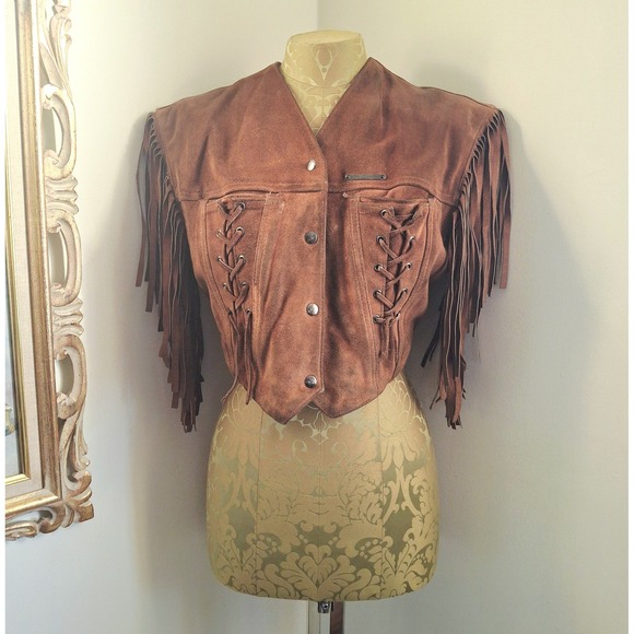 RARE Vintage Gloria Vanderbilt Western Boho Brown Suede Cropped Jacket W/ Fringe - Picture 6 of 10